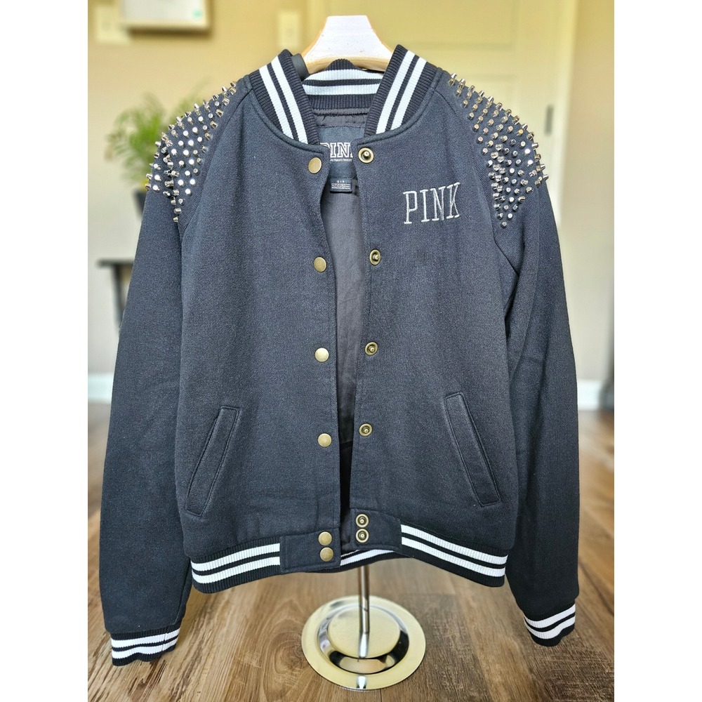 Victoria's Secret PINK Studded Varsity Bomber Jacket Black Silver Studs Small